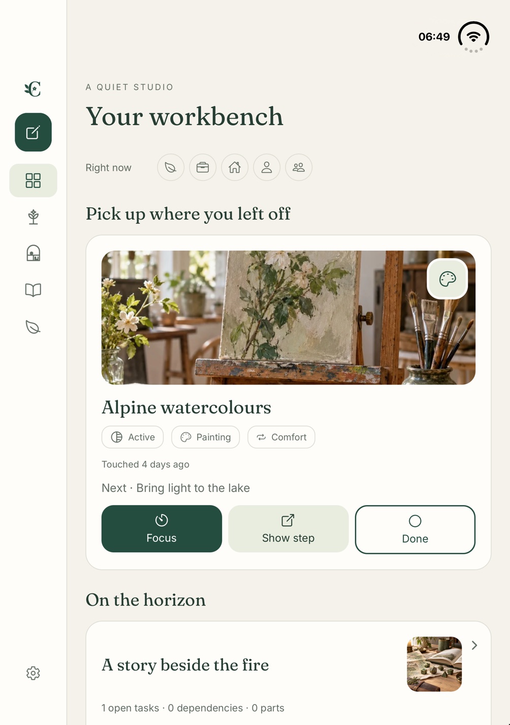 Curio Studio’s Workbench on iPhone Duo, with sidebar navigation and a gentle next step for an example project